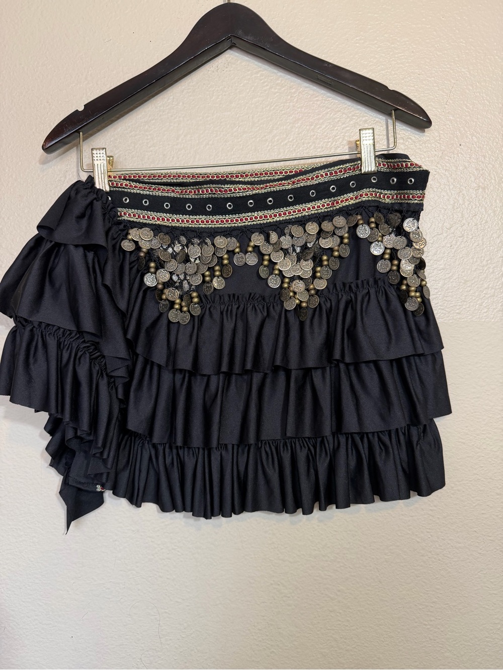 Black Tiered bellydance tribal wrap skirt with coin details